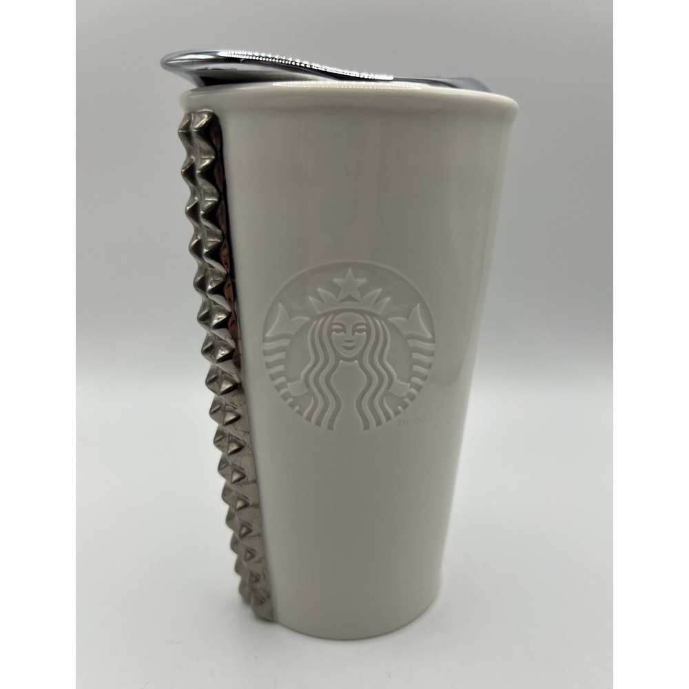 STARBUCKS COFFEE‎ - 2014 White Chrome Studs - 10 oz Ceramic Mug Cup